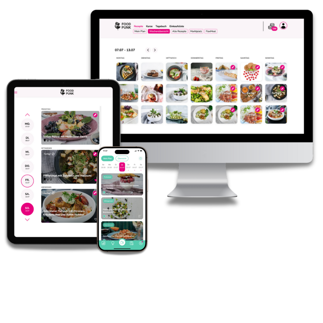 Mockup Checkout Hier sieht man wie die Foodpunk aussieht auf Computer, Tablet und Smartphone